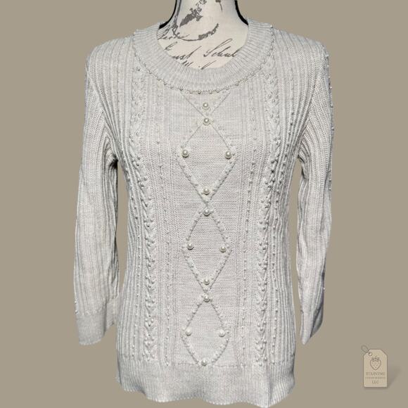 Karl Lagerfeld Sweaters - Karl Lagerfeld Paris Sweater XS Ivory Pearl Embellished Cable Knit Crew Neck